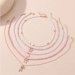 5 Piece White & Pink Layered Beaded Pearl Necklace Set OS New